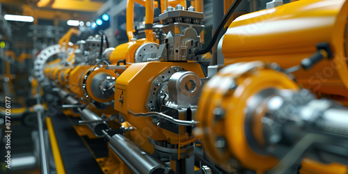 Close-Up of Precision Mechanical Assembly with Yellow Cylindrical Components and Pipes"