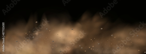 Vector background of a sand explosion with dirt and cloud smoke. Brown sandstorm splash and  dirty ground with a textured wind effect.Yellow flying particles and stone.