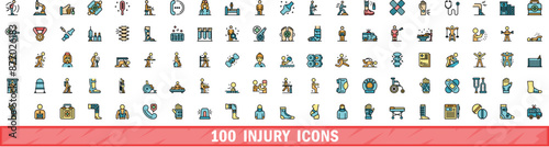 100 injury icons set. Color line set of injury vector icons thin line color flat on white