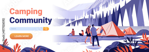 Camping scene with people by tents near a lake surrounded by mountains and trees colorful foliage in the foreground