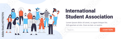 Diverse group of people standing together wearing casual clothing in a modern flat design with a blue and orange color scheme representing community, teamwork, and inclusivity in a