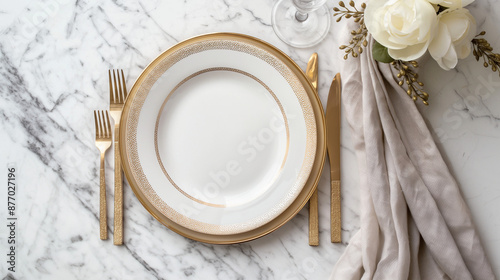 empty white plate with golden edge decoration, Luxurious and elegant, expensive white tableware setting photo