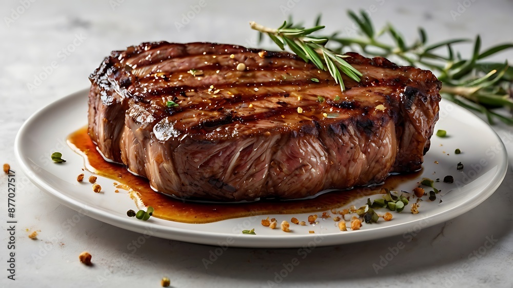 Juicy beef steak or meat with spices and grilled vegetables on dark background Juicy beef steak or meat with spices and grilled vegetables on dark background