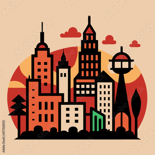 Urban vector illustration blending nature and city. Skyscrapers reflect sunset, trees and flowers create tranquility amid concrete jungle. Depicts balance and sustainability. Idea design projects.