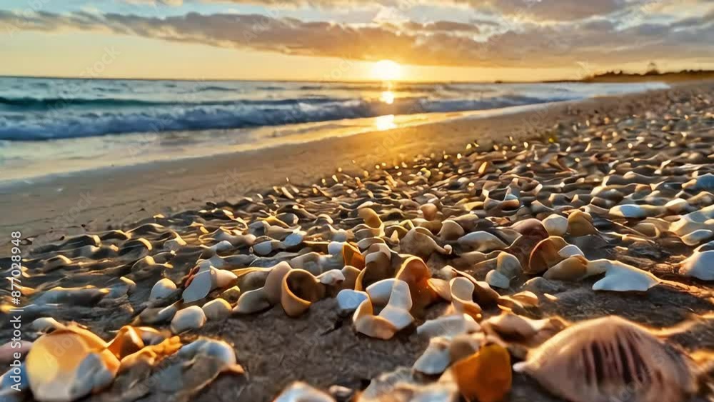 A peaceful beach at sunrise with colorful seashells scattered along the shore A peaceful beach at sunrise with colorful seashells scattered along the shore