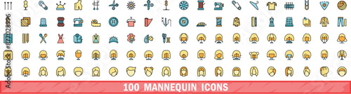 100 mannequin icons set. Color line set of mannequin vector icons thin line color flat on white