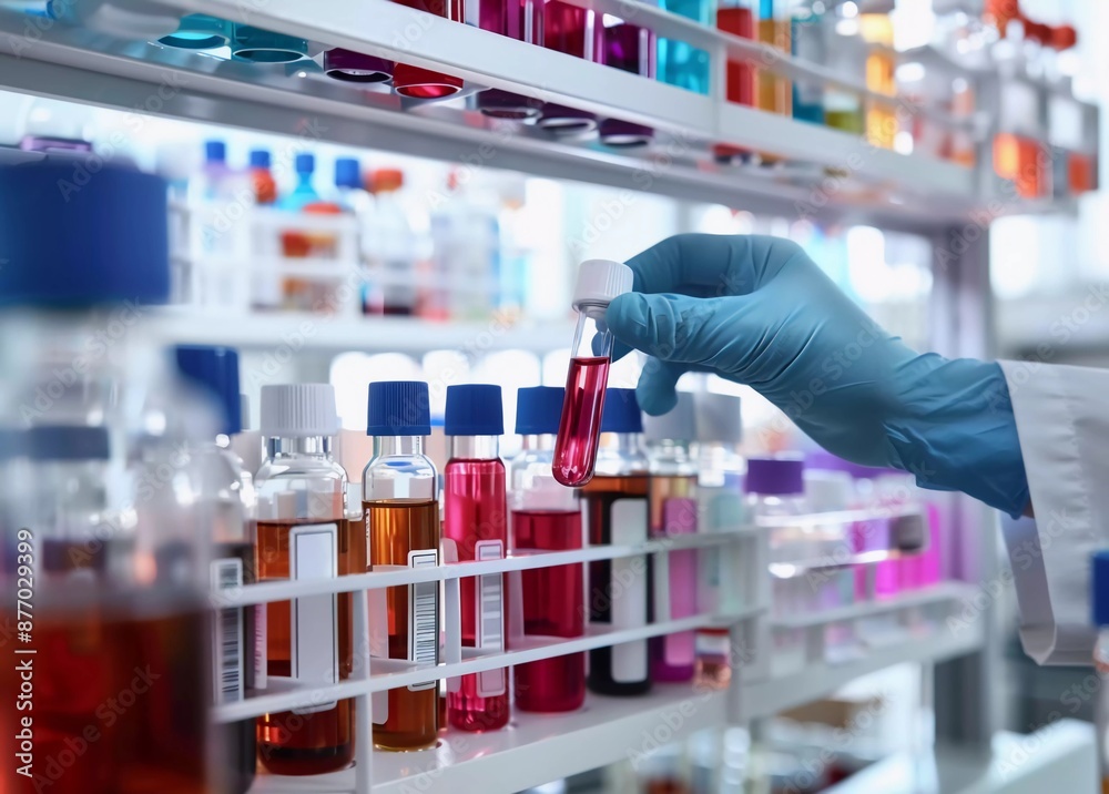 A hand in blue gloves holding up a test tube with red liquid and colorful tubes on the rack, against a laboratory background A hand in blue gloves holding up a test tube with red liquid and colorful tubes on the rack, against a laboratory background