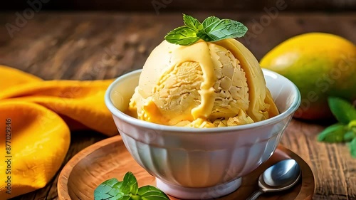 A serving of mango ice cream scoops in a bowl, garnished with fresh mango chunks and a sprig of mint, set on a wooden table with a colorful napkin