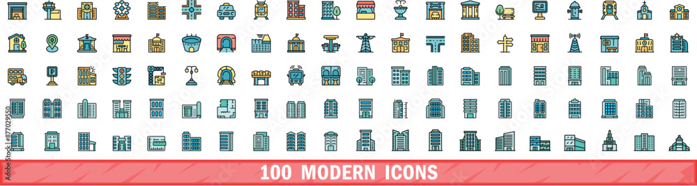 Naklejka premium 100 modern icons set. Color line set of modern vector icons thin line color flat on white
