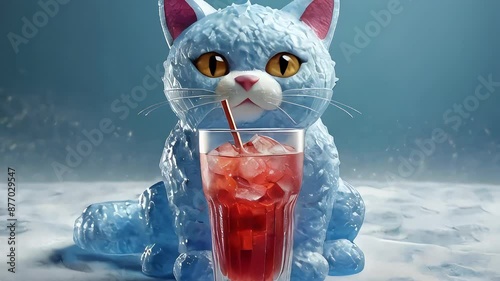 A stunning 3D render of a refreshing, frosty cold drink, presented in the shape of a cat
