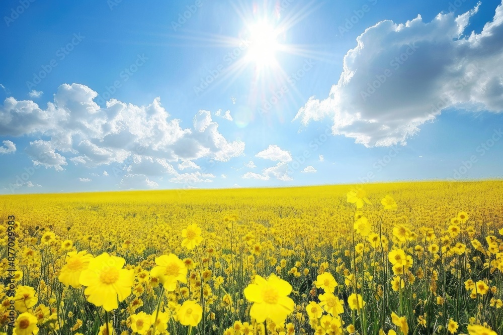 Yellow Field. Blooming Meadow with Sunlight under Blue Spring Sky in Poland Yellow Field. Blooming Meadow with Sunlight under Blue Spring Sky in Poland
