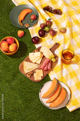 Outdoor summer picnic setup with fresh fruits and snacks