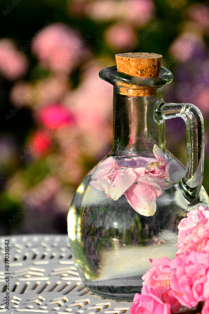 woda różana w szkalnej butelce z korkiem, woda aromatyzowana płatkami róży w butelce, rose water in a glass bottle, water flavored with rose petals in a bottle, Rose water in a glass bottle