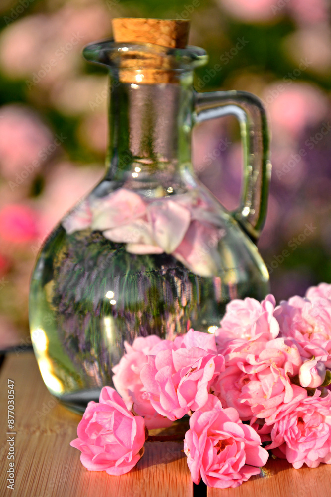 woda różana w szkalnej butelce z korkiem, woda aromatyzowana płatkami róży w butelce, rose water in a glass bottle, water flavored with rose petals in a bottle, Rose water in a glass bottle