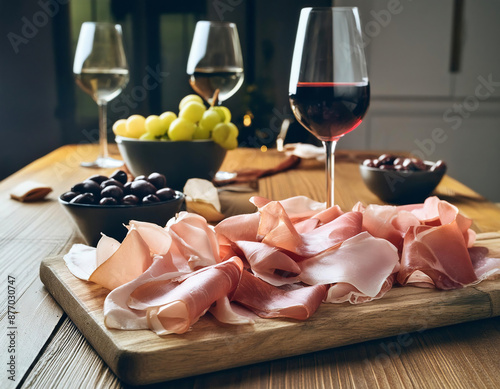 Sliced prosciutto crudo or jamon with grapes on wooden cutting board with two glasses of red wine photo