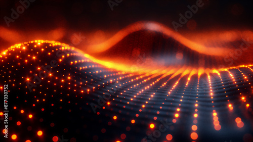 Glowing orange digital wave with dots of light, set against a dark background. The waves have an ethereal and futuristic appearance,.