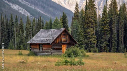 Wooden House by the Lake in Canadian Rockies: Calm and Scenic Beauty of Nature © Oleksandr