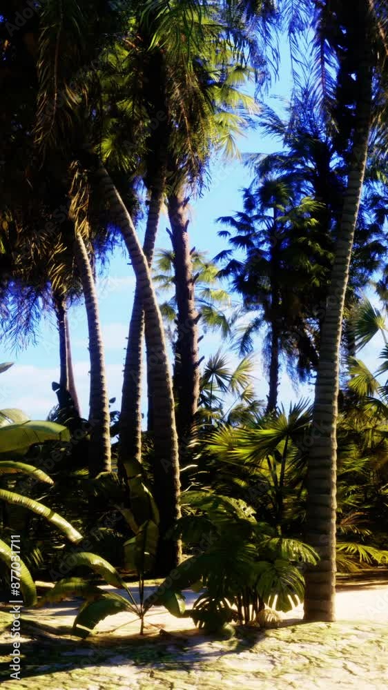 A sandy beach surrounded by palm trees on a sunny day