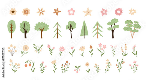 Collection of hand drawn flower and tree cartoon. Cute vector illustration in flat trendy style with texture. For cards, posters, invitations