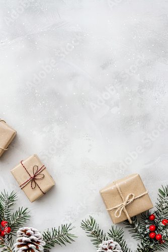 Elegant Christmas Background with Pine Cones, Gifts, Red Berries, Greenery, and Copy Space for Festive Holiday Celebrations