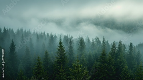 Misty landscape with fir forest