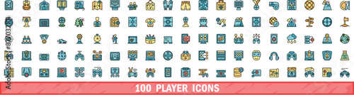 100 player icons set. Color line set of player vector icons thin line color flat on white