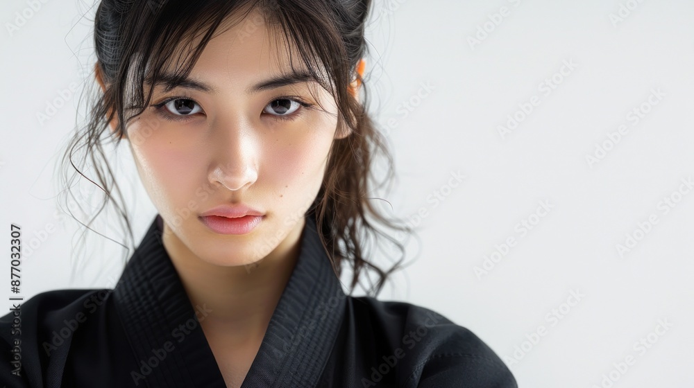 Close-up of a Japanese woman practicing martial arts with focus, wearing a black workout outfit, standing in front of a white background, Portrait close-up, hyper-realistic, high detail, Close-up of a Japanese woman practicing martial arts with focus, wearing a black workout outfit, standing in front of a white background, Portrait close-up, hyper-realistic, high detail,