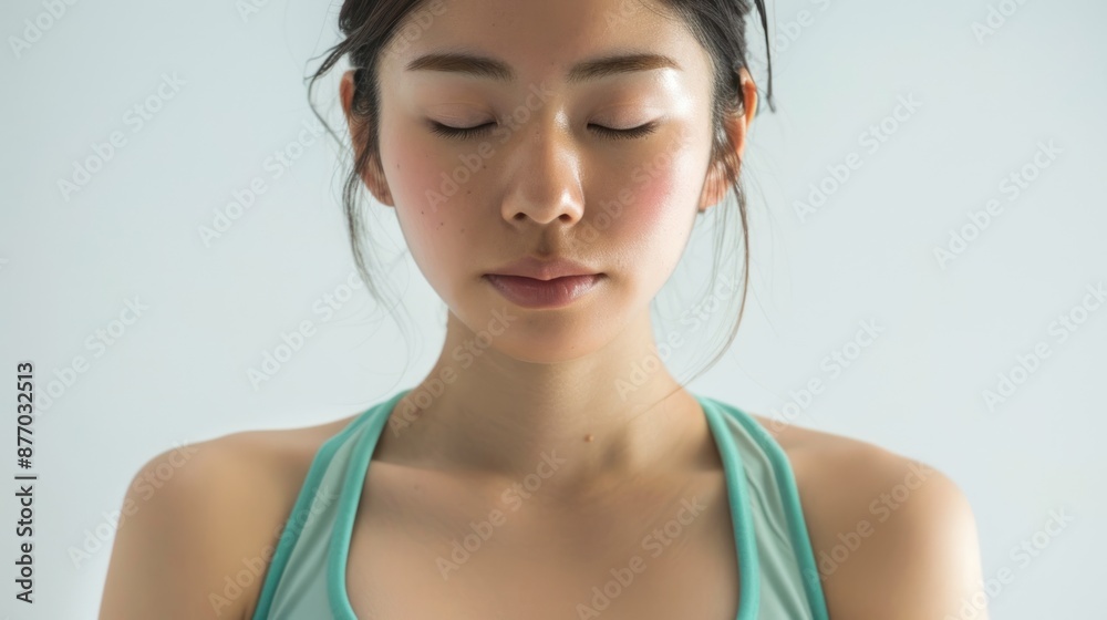 Close-up of a Japanese woman doing aerial yoga and looking serene, wearing a green sports bra and shorts, standing in front of a white background, Portrait close-up, hyper-realistic, high detail, Close-up of a Japanese woman doing aerial yoga and looking serene, wearing a green sports bra and shorts, standing in front of a white background, Portrait close-up, hyper-realistic, high detail,
