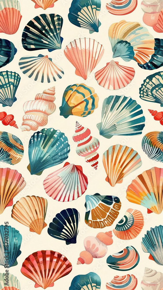 A pattern of colorful seashells, each with its own unique design and color palette, set against an ivory background. The colors include pastel pinks, blues, yellows, reds, and greens. A pattern of colorful seashells, each with its own unique design and color palette, set against an ivory background. The colors include pastel pinks, blues, yellows, reds, and greens.