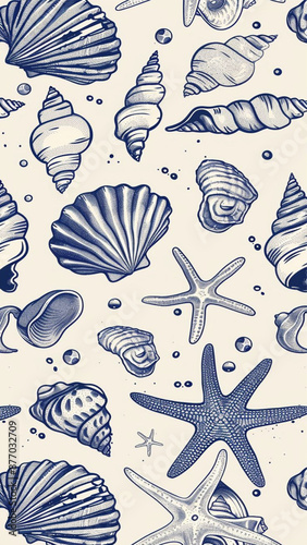 Hand-Drawn Sea Shells, Fossils, Starfish, Corals, Seaweeds, Waves Abstract Vector Seamless Pattern. Summer Beach Seaside Print. Ocean Fashion Textile Blue, White Background.