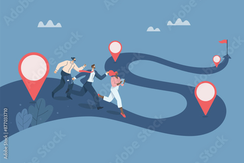 Work process or work process, Timeline to success, Roadmap, Project planning, Timeline, Progress in business, Team of business people running on a timeline, tracking and reviewing projects.