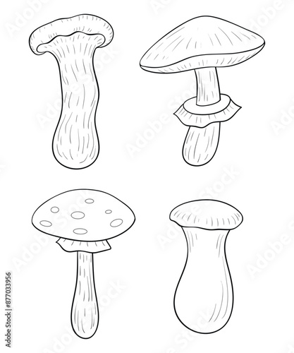 The set of mushroom icons for print. Line art style illustration.