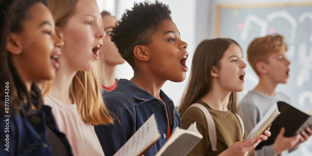 Diverse children singing together in a school choir with enthusiasm. Diverse children singing together in a school choir with enthusiasm.