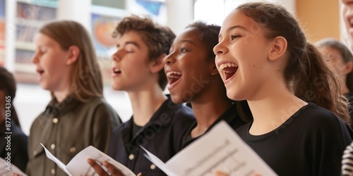 Schoolchildren in a classroom choir singing joyfully together.