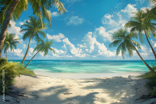 tropical beach scene during a bright sunny day. This image captures the serene beauty of a beach with clear blue waters, white sandy shores, and tall, lush palm trees swaying gently in the breeze