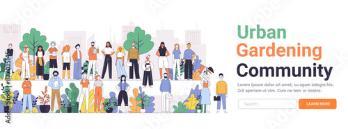 Urban gardening community illustration featuring diverse group of people plants cityscape background and greenery