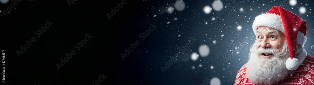 Santa Claus with a cheerful expression stands in front of a snowy night background, capturing the magic of Christmas. Santa Claus with a cheerful expression stands in front of a snowy night background, capturing the magic of Christmas.