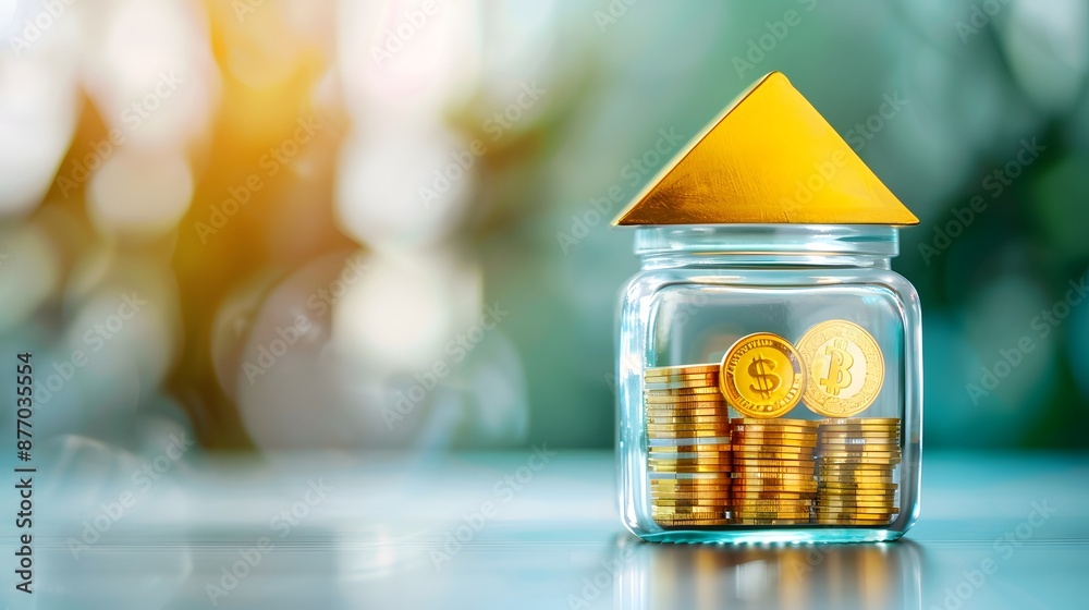 Smart Savings Strategy - Miniature House model with Gold Bars and Savings Jar for Financial Growth Idea Smart Savings Strategy - Miniature House model with Gold Bars and Savings Jar for Financial Growth Idea