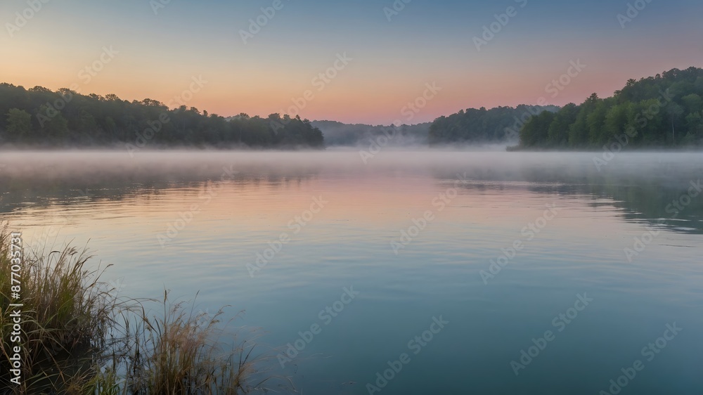A serene lake at sunrise with mist rising off the water and the sky painted in pastel colors
A serene lake at sunrise with mist rising off the water and the sky painted in pastel colors