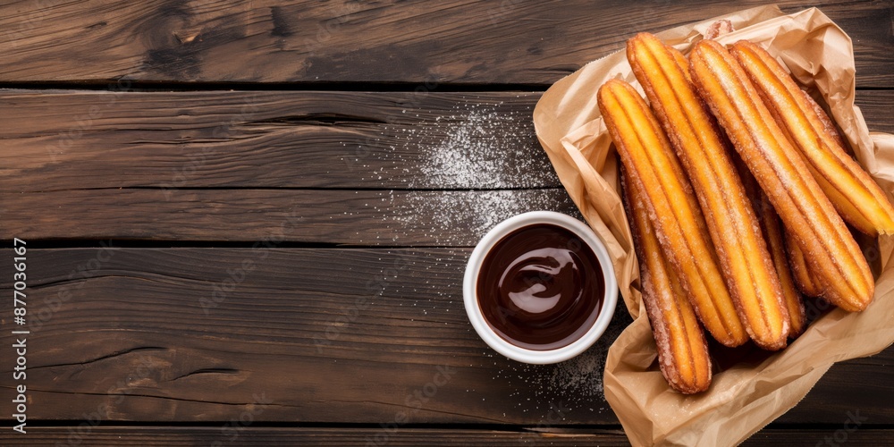 A bowl of churros with chocolate sauce and powdered sugar A bowl of churros with chocolate sauce and powdered sugar