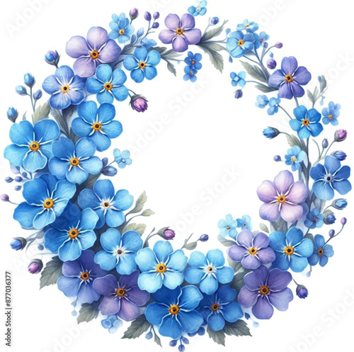 A round floral wreath with forget-me-not flowers in watercolor technique on a white background.