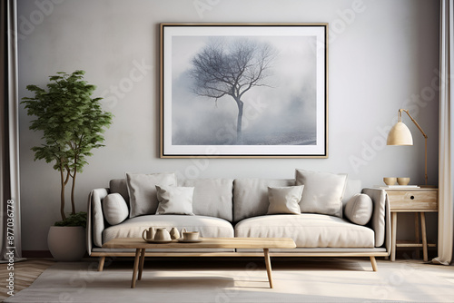 Luxury living room interior with white walls wooden floor comfortable sofa with pillows and table Mockup poster frame 
 photo