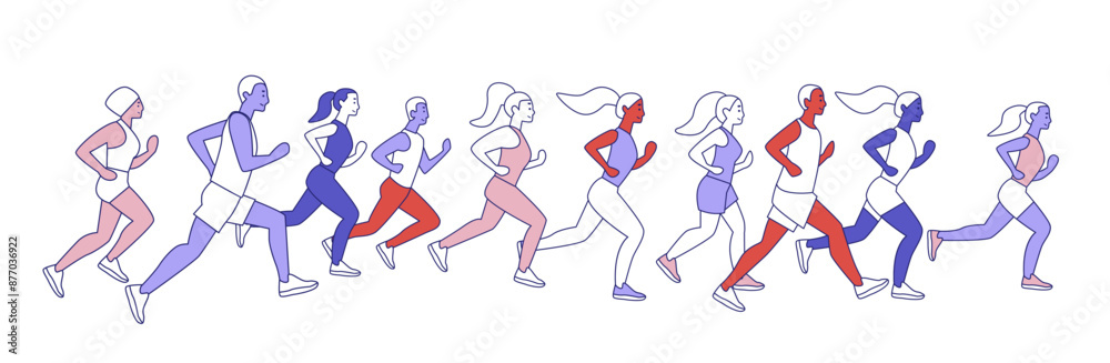 Group of diverse runners in motion colorful flat design active lifestyle fitness sports teamwork concept Group of diverse runners in motion colorful flat design active lifestyle fitness sports teamwork concept