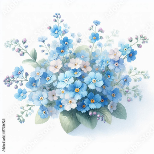 A watercolor-style illustration depicting a bouquet of delicate forget-me-not flowers.