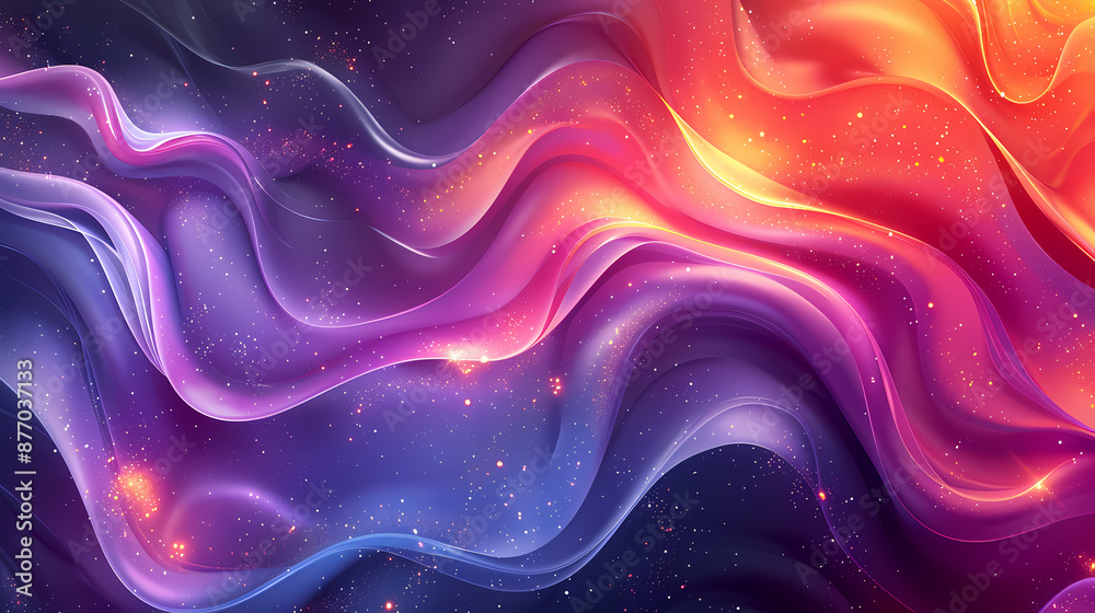 Fototapeta premium Colorful abstract waves with sparkling stars and gradients of purple, pink, and orange hues.