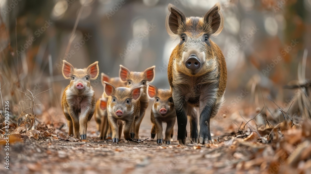 A mother wild boar is seen leading her five piglets through an enchanting autumn forest path, showcasing a strong family bond in a serene natural setting. A mother wild boar is seen leading her five piglets through an enchanting autumn forest path, showcasing a strong family bond in a serene natural setting.