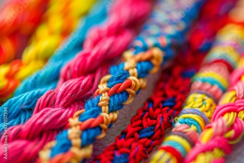 Colorful woven friendship bracelets with intricate patterns, symbolizing strong bonds and unity on Friendship Day in Brazil. Perfect for gifting or wearing with pride.