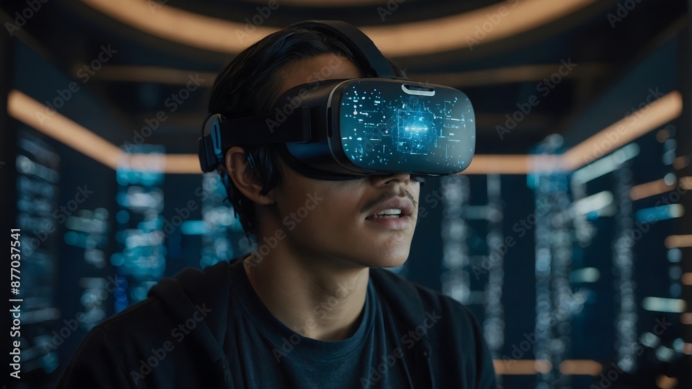 A person using virtual reality goggles, immersed in a digital world A person using virtual reality goggles, immersed in a digital world