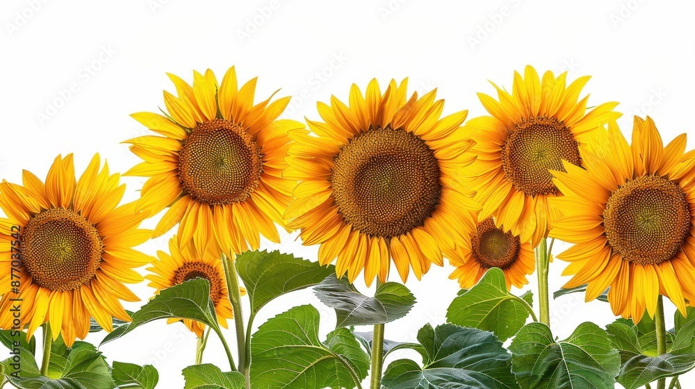Obraz premium This picture showcases a bunch of sunflowers with their characteristic green leaves and bright yellow petals. Each sunflower stands tall and lively, exuding natural charm.