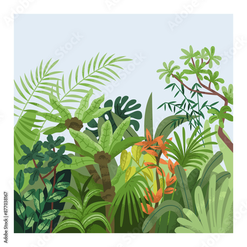 Leaf plants card. Green jungle nature, greenery. Botanical ecological background. Exotic tropical flora, foliage vegetation, fresh garden growth. Floral postcard design. Flat vector illustration
